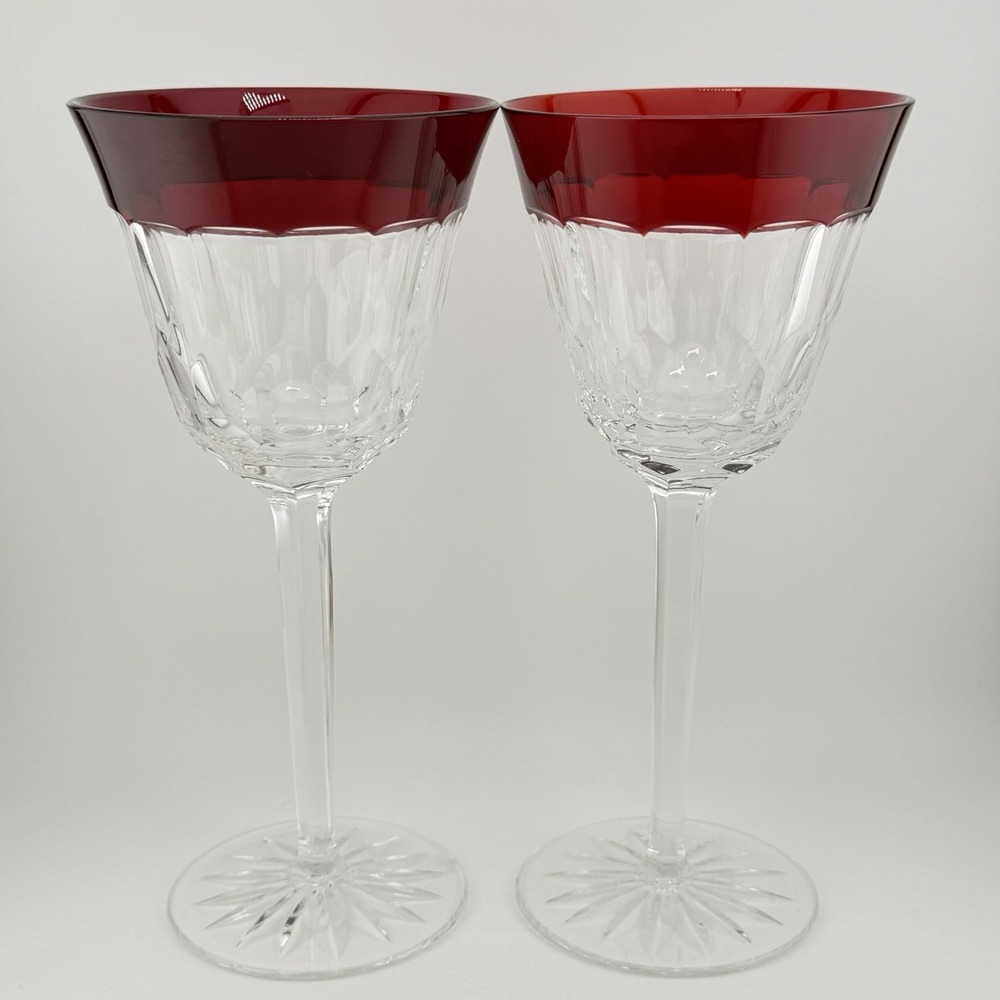 Waterford Simply Red Water Glass Goblet 8 3/4 in Tall Pair Lot of 2